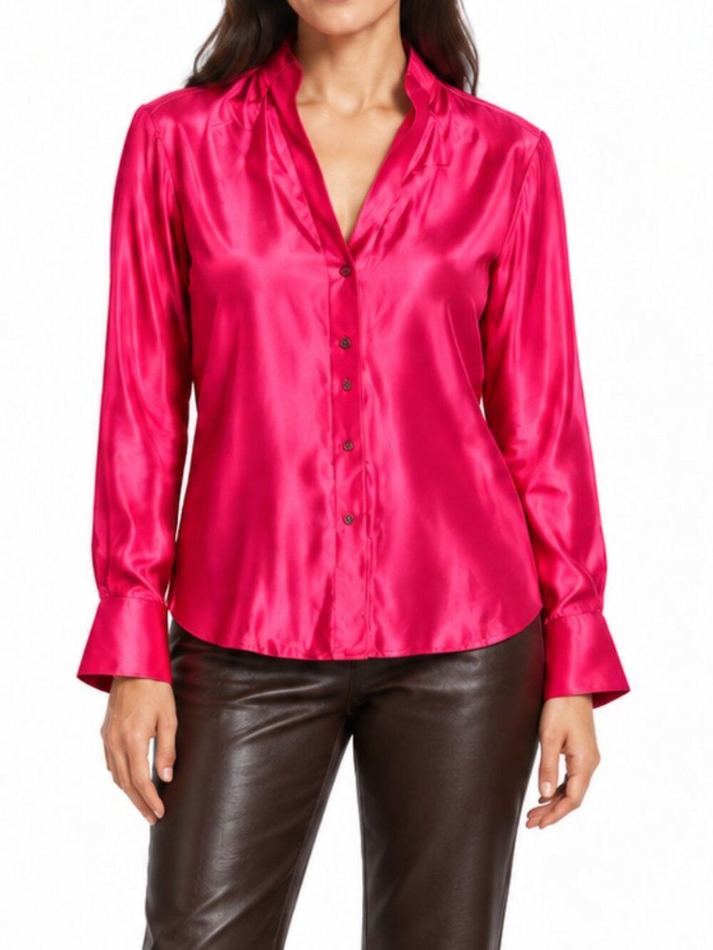 Austin Reed 100% Silk Fuchsia Pink Button Front Blouse Long Sleeve Size 12